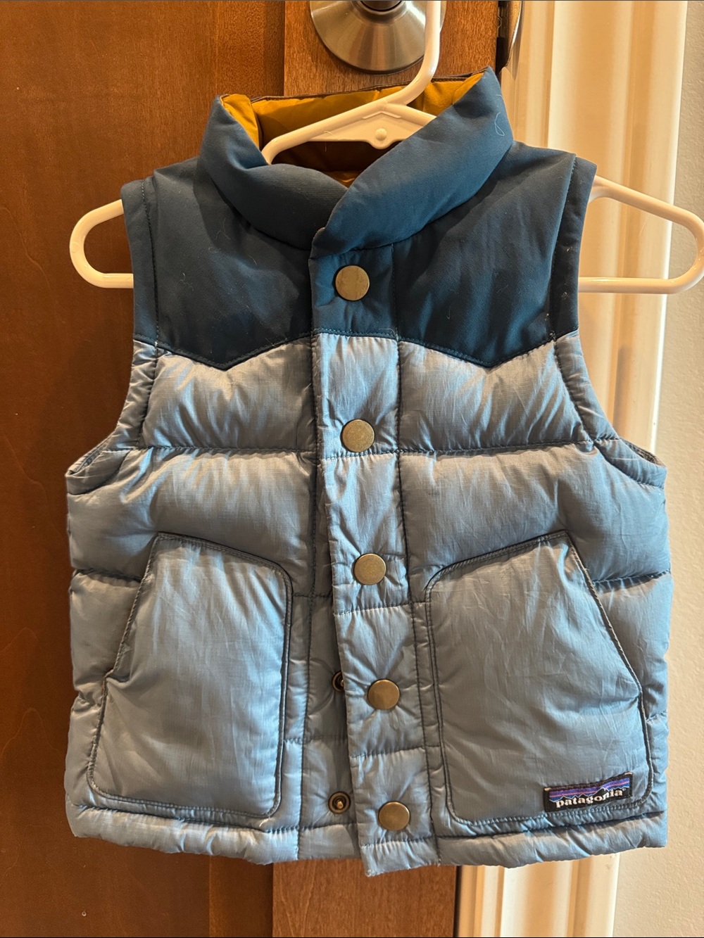 Patagonia Light Blue and Navy Kids Puffer Vest with Mustard Lining